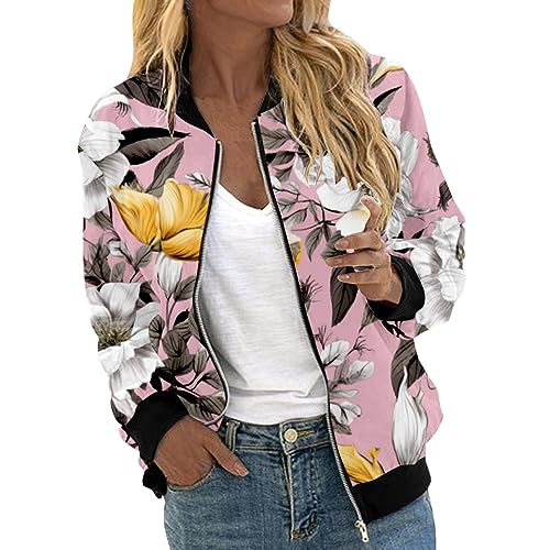 Eauptffy Damen Bomberjacke, Blouson Damen mit Blumen, Pilotenjacke Zip Langarm Fliegerjacke Dünn Leicht Damen-Jacken Modern Bedruckter Bikerjacke Eleganter Lounge Trenchcoat Ladies Sommer von Eauptffy