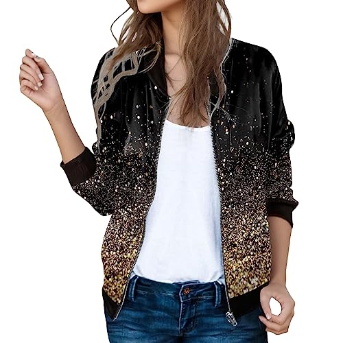 Eauptffy Damen Bomberjacke, Blouson Jacke Damen, Pilotenjacke Langärmliges Zipper Fliegerjacke Bequemer Dünn Outdoorjacke Modische Gedruckte Übergangsjacke Eleganter Casual Coat Mädchen 2024 von Eauptffy