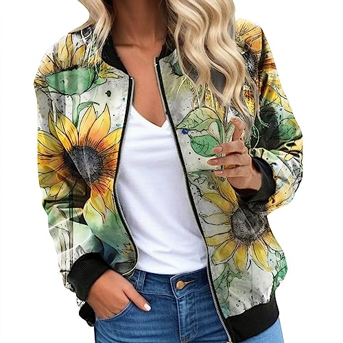 Eauptffy Damen Bomberjacke, Blouson Jacke Damen Blumenmuster, Pilotenjacke Lange Ärmel Zipper Fliegerjacke Dünn Bequeme Outdoorjacke Drucken Trend Collegejacke Eleganter Freizeit Jacken Sommer Ladies von Eauptffy