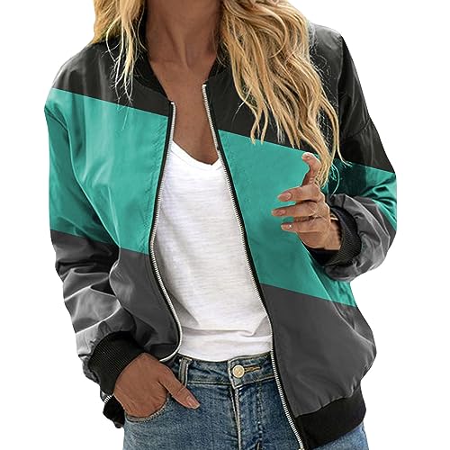 Eauptffy Damen Bomberjacke, Blouson Jacke Damen Sommer, Pilotenjacke Langarm Zip Fliegerjacke Weich Dünn Damenjacke Farbblock Modern Regenjacke Elegant Lässige Jacken Sommer Mädchen von Eauptffy