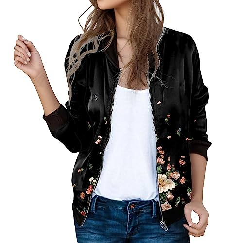 Eauptffy Damen Bomberjacke, Collegejacke für Damen, Pilotenjacke Zip Langen Ärmeln Fliegerjacke Komfort Dünn Damenjacke Mode Aufdruck Bikerjacke Schicke Lounge Trenchcoat Frauen College von Eauptffy