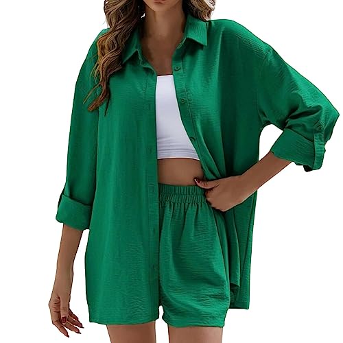 Eauptffy Damen Zweiteiler Elegant, Hemd und Shorts, Freizeitanzug Lange Ärmel Turnup Leinen Set Komfort Luftig Trainingsanzug Solide Y2k 2 Teiler Kleidung Lose Lounge Strand Outfit Workout von Eauptffy