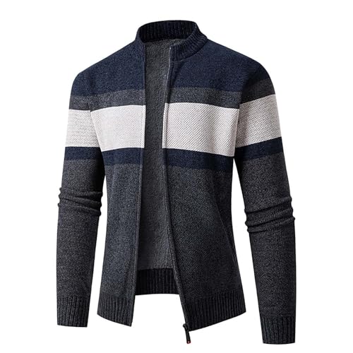 Eauptffy Dicke Strickjacke, Cardigan Herren Lang, Herrenstrickjacke Zip Up Sweat-Jacke Strick Dicker Fleecejacken Warm Hochgeschlossener Freizeitjacken Trachten Farbblock Pullover Lässiger Langarm von Eauptffy