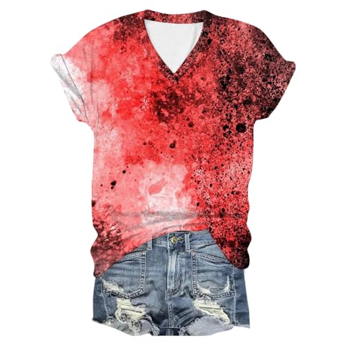 Eauptffy Halloween Shirt Damen Blut, Damen Sommer Oberteile, Tee Shirts Blutspritzer Horror Shirts V-Ausschnit Kurzärmeliger Tee Top mit Blutigem Print Sommerbluseleichte Freizeit Halloween Kostüm von Eauptffy