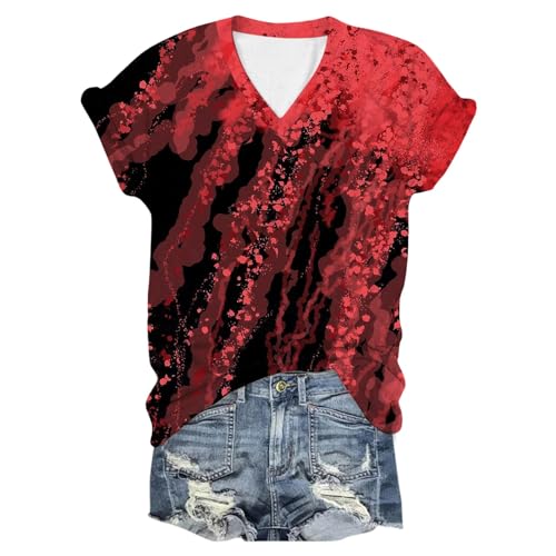 Eauptffy Halloween Shirt Damen Blut, Damen Sommer Oberteile, Tee Shirts Blutspritzer Horror Shirts V-Ausschnit Kurzärmeliger Tee Top mit Blutigem Print Sommerbluseleichte Freizeit Halloween Kostüm von Eauptffy