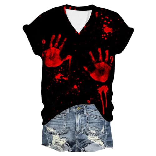 Eauptffy Halloween Shirt Damen Blut, Sommer T-Shirt Damen, Oberteile Blutiges Horror Shirt V-Ausschnit Kurzarm Tops mit Blut Bluse Leicht Lässige Halloween Kostüm von Eauptffy
