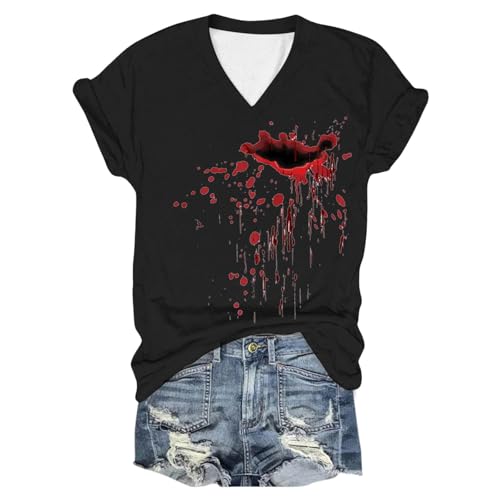 Eauptffy Halloween Shirt I'm Fine, Damenoberteile Modern Sommer, T Shirt Blutiges Horror Sommershirts V-Ausschnit Kurzärmeliger Tops mit Blood Drucken Bluse Weich Casual Blutspritzer Kostüm Halloween von Eauptffy