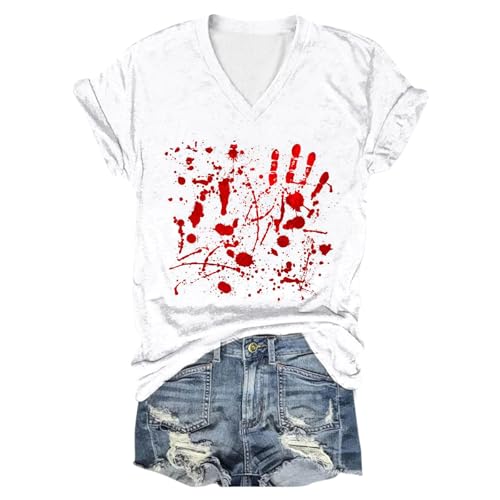 Eauptffy Halloween Shirt I'm Fine, Oberteile Damen Sommer, T-Shirts Blood Horror Shirt V-Ausschnitt Kurzärmeliger Top mit Blutigem Bedrucktes Sommerbluseweich Lässig Blutspritzer Kostüm Halloween von Eauptffy