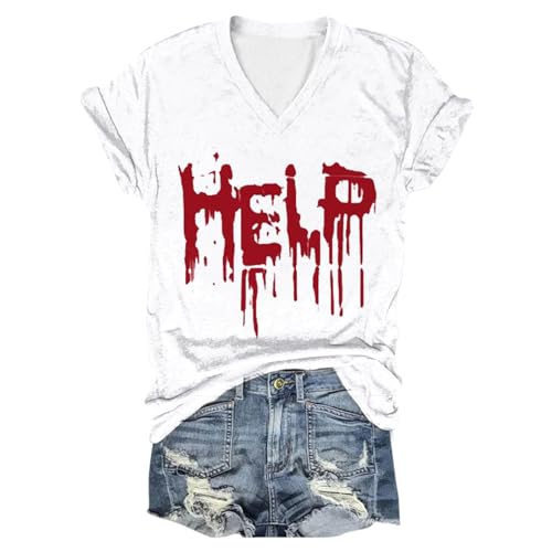 Eauptffy Halloween Shirt I'm Fine, Oberteile Damen Sommer, Tee Shirt Horror Blutspritzer Shirt V-Ausschnit Kurzarm Tee Top mit Blutigem Bedrucktes Sommerbluselässiger Weich Halloween Kostüm von Eauptffy