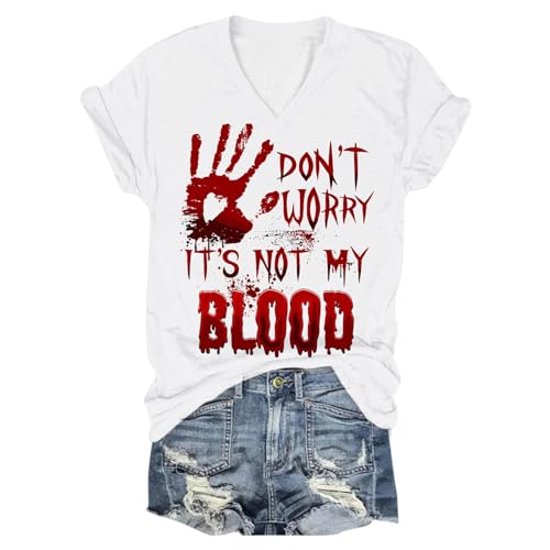 Eauptffy Halloween Shirt I'm Fine, T-Shirt Damen Sommer, Tee Shirts Horror Blood Sommershirts Kurze Ärmel V-Ausschnitt Top mit Blood Drucken Blusen Leichte Lässige Festlich Straßenkleidung Halloween von Eauptffy