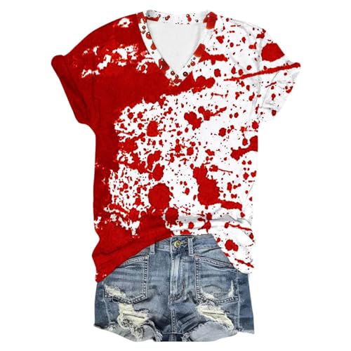 Eauptffy Halloween Shirt I'm Fine, Tshirt Teenager Mädchen, Tee Shirts Blutspritzer Horror Sommershirt Kurze Ärmel V-Ausschnitt Tee Top mit Blutigem Bedrucktes Bluse Lässiger Bequeme Halloween Kostüm von Eauptffy