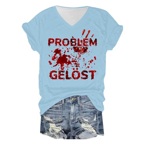 Eauptffy Halloweentshirt Problem Gelöst, Modische Oberteile Damen, T-Shirts Horror Blutspritzer Shirt V-Ausschnitt Kurzen Ärmeln Tee Top mit Blood Drucken Bluse Kuschelig Lässiger Halloween-Kostüm von Eauptffy