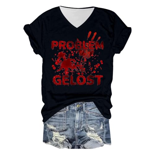 Eauptffy Halloweentshirt Problem Gelöst, Modische Oberteile Damen, T-Shirts Horror Blutspritzer Shirt V-Ausschnitt Kurzen Ärmeln Tee Top mit Blood Drucken Bluse Kuschelig Lässiger Halloween-Kostüm von Eauptffy