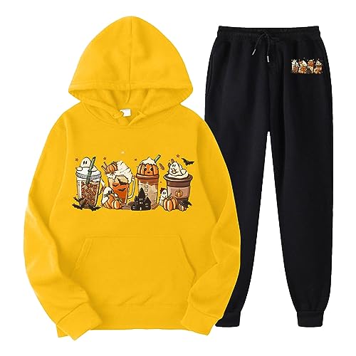 Eauptffy Hausanzug Damen Set, Hoodie und Sweathose, Hoodie Set Bedruckte Halloween Trainingsanzug Kappe 2-Teiliges Sweatsuit Set Lässig Locker Loungewear Festlich Stilvolle Streetwear Jogger von Eauptffy