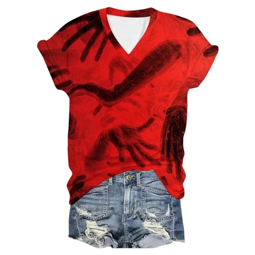 Eauptffy I'm Fine Blood Shirt, Damen Oberteile Sommer, T-Shirt Blut Verletzung Horror Sommershirts V Ausschnitt Kurzarm Tops mit Blood Drucken Bluse Lounge Leichte Festlich Straßenkleidung Halloween von Eauptffy