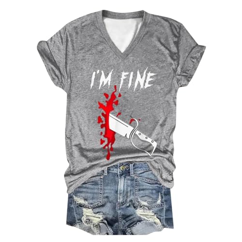 Eauptffy I'm Fine Blood Shirt, Damen Sommer T-Shirt, Tshirt Blood Horror Sommershirt V-Ausschnit Kurze Ärmel Tee Tops mit Blutigem Bedrucktes Sommerblusen Lounge Leichter Halloween Kostüm von Eauptffy