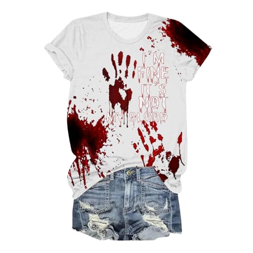 Eauptffy I'm Fine Blood Shirt, Damen T-Shirt Kurzarm, T-Shirt Blutiges Horror Sommershirt Rund Ausschnitt Kurzärmeliger Tee Tops mit Blutigem Bedrucktes Sommerbluseweich Casual Halloween Kostüm von Eauptffy