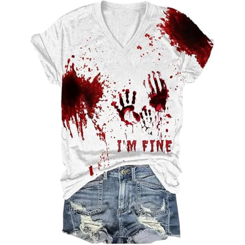 Eauptffy I'm Fine Blood Shirt, Damen T-Shirt Kurzarm, Tshirts Blood Horror Sommershirt V Ausschnitt Kurzarm Tee Top mit Blood Drucken Sommerbluselounge Weich Halloween Kostüm von Eauptffy