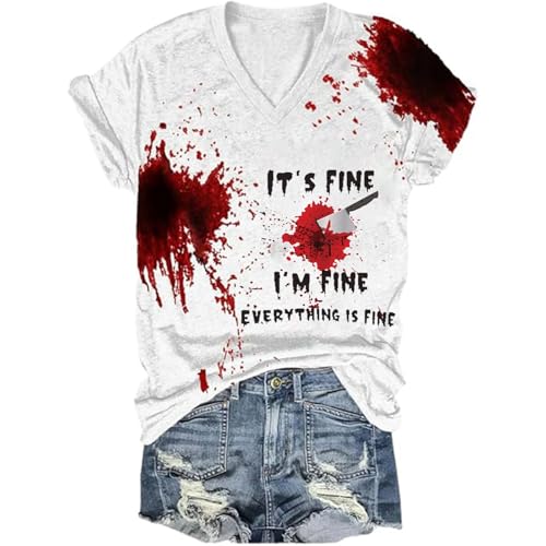 Eauptffy I'm Fine Blood Shirt, Sommer Oberteile Damen, Oberteile Blutiges Horror Sommershirts Kurze Ärmel V-Ausschnitt Top mit Blut Sommerblusen Komfort Lässiges Halloween Kostüm von Eauptffy