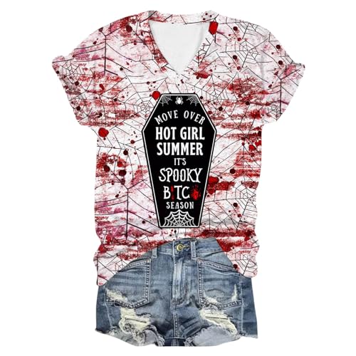 Eauptffy I'm Fine Blood Shirt, Sommer Oberteile Damen Leicht, T-Shirt Horror Blutspritzer Sommershirts Kurzarm V-Ausschnit Tee Top mit Blutigem Print Bluse Lässiger Bequeme Halloween Kostüm von Eauptffy