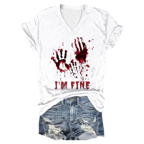 Eauptffy I'm Fine Blood Shirt, Sommer Oberteile Damen Leicht, T-Shirt Horror Blutspritzer Sommershirts Kurzarm V-Ausschnit Tee Top mit Blutigem Print Bluse Lässiger Bequeme Halloween Kostüm von Eauptffy