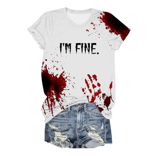 Eauptffy I'm Fine Blood Shirt, T-Shirt Teenager Mädchen, Oberteil Blutiges Horror Shirt Rundhals Kurze Ärmel Top mit Blut Sommerbluseleichter Beiläufig Festlich Straßenkleidung Halloween von Eauptffy