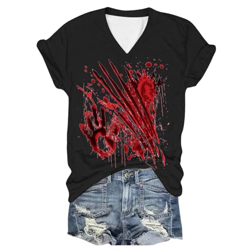 Eauptffy I'm Fine Tshirt Blood, Tshirt Teenager Mädchen, Tee Shirts Horror Blut Verletzung Sommershirt Kurzärmeliger V Ausschnitt Tee Top mit Blut Sommerbluselässiges Bequemer Halloween Kostüm von Eauptffy