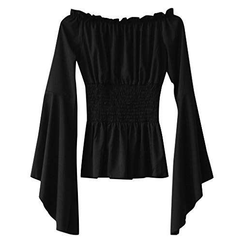 Eauptffy Piratenbluse Fuer Damen, Bluse Mittelalter Damen, Langarm Renaissance Rüschenbluse mit Glockenärmel Elastische Taille Schulterfrei Piraten Oberteil Slim Einfarbige Trachtenblusen Sommer Top von Eauptffy