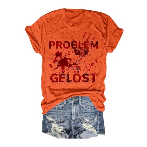 Eauptffy Problem Gelöst T Shirt Halloween, Damen Sommer T-Shirt, T-Shirt Horror Blut Verletzung Shirts Kurzarm Rundhalsausschnitt Tee Tops mit Blut Sommerblusen Kuschelig Casual Halloween-Kostüm von Eauptffy