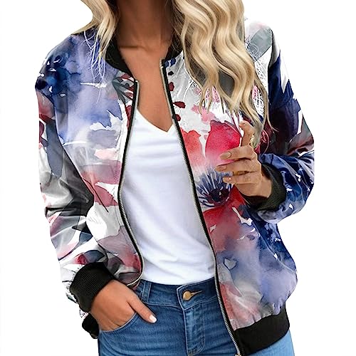 Eauptffy Schwarze Bomberjacke Damen, Blouson Damen, Pilotenjacke Langen Ärmeln Zip Fliegerjacke Dünn Leichte Sommerjacken Trend Bedruckte Collegejacke Casual Elegant Jacket Mädchen Sommer von Eauptffy