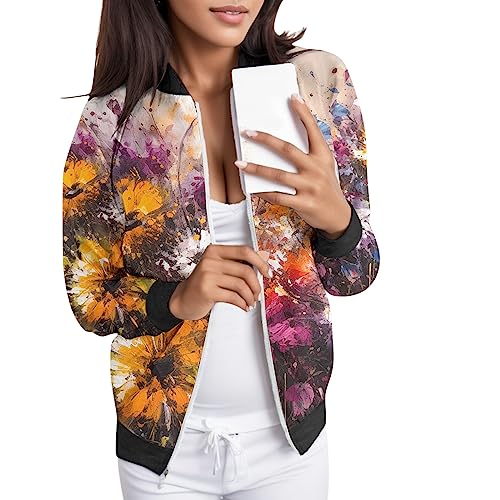 Eauptffy Schwarze Bomberjacke Damen, Blouson Damen Blumen, Pilotenjacke Langarm Zip Fliegerjacke Dünne Komfort Bomber Jacket Bedruckt Modische Übergangsjacke Elegante Lässiger Coat Frauen Sommer von Eauptffy