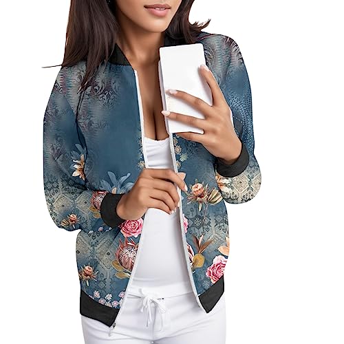 Eauptffy Schwarze Bomberjacke Damen, Blouson Jacke Damen Rose, Pilotenjacke Langarm Zip Up Fliegerjacke Dünn Kuschelig Damenjacken Druck Mode Regenjacke Elegantes Freizeit Mantel Winter Frauen von Eauptffy