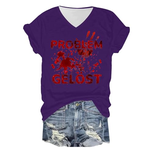 Eauptffy Shirt Damen Problem Gelöst Blutig, T-Shirt Damen Sommer, Tshirt Horror Blood Shirt V-Ausschnit Kurzärmeliger Tee Top mit Blut Sommerbluselässiger Leichter Blutspritzer Kostüm Halloween von Eauptffy