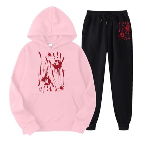 Eauptffy Sweatsuit Damen, Hooded und Laufhose, Kapuzenpullover Set Horror mit Blood Drucken Trainingsanzug-Set 2 Teiler Kapuze Sweatsuit Beiläufig Lockere Lounge Set Stilvolle 2024 Sport Set Jogger von Eauptffy