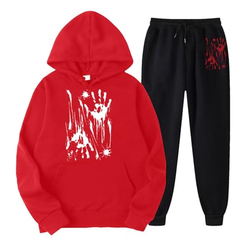 Eauptffy Sweatsuit Damen, Hooded und Laufhose, Kapuzenpullover Set Horror mit Blood Drucken Trainingsanzug-Set 2 Teiler Kapuze Sweatsuit Beiläufig Lockere Lounge Set Stilvolle 2024 Sport Set Jogger von Eauptffy