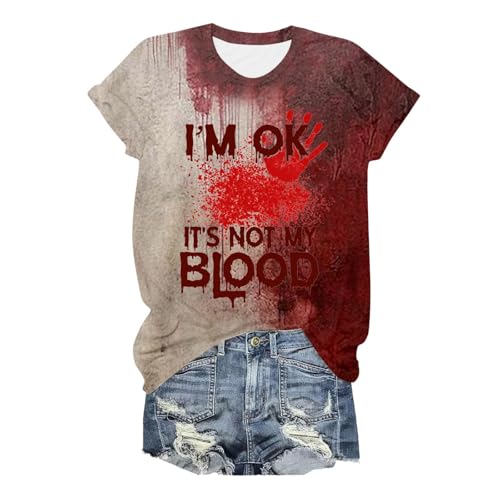 Eauptffy T Shirt Damen I'm Fine, Sommer Oberteile Damen Leicht, Oberteil Horror Blood Shirts Kurzarm Rund Ausschnitt Top mit Blut Sommerblusebequeme Lässiges Halloween-Kostüm von Eauptffy