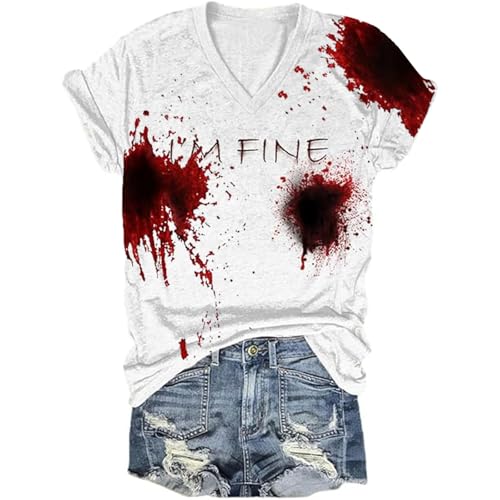 Eauptffy T-Shirt I'm Fine Halloween, Damen Sommer T-Shirt, Tshirts Blutiges Horror Sommershirts V Ausschnitt Kurze Ärmel Tops mit Blut Blusen Beiläufig Weich Halloween Kostüm von Eauptffy