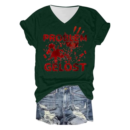 Eauptffy T Shirt Problem Gelöst, Sommer Oberteile Damen Leicht, Oberteil Horror Blood Shirt Kurzärmeliger V Ausschnitt Tee Tops mit Blutigem Print Bluse Lässiger Kuschelig Halloween Kostüm von Eauptffy