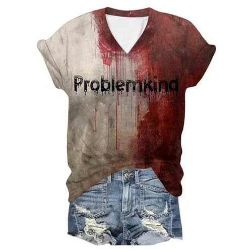 Eauptffy T Shirt Problem Gelöst mit Blut, Tshirt Damen Sommer, T Shirts Blood Horror Sommershirts V Ausschnitt Kurzen Ärmeln Top mit Blut Sommerblusen Lässiges Weich Halloween Kostüm von Eauptffy