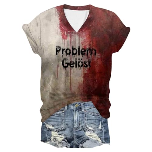 Eauptffy T Shirt Problem Gelöste, Damen Oberteile Sommer, T Shirt Horror Blutspritzer Shirt Kurzärmeliger V-Ausschnitt Tops mit Blut Sommerblusen Lounge Bequeme Halloween-Kostüm von Eauptffy