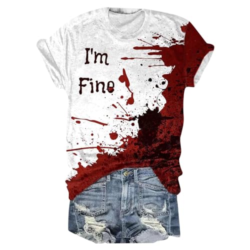 Halloween Shirt I'm Fine, Damen Kurzärmeliges T-Shirt, Oberteil Entsetzen Blutspritzer Shirt Kurze Ärmel Rund Ausschnitt Tee Top mit Blutigem Bedrucktes Blusen Leichter Casual Halloween-Kostüm von Eauptffy