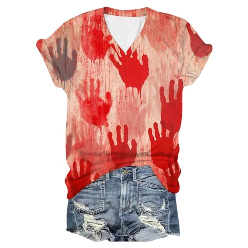 Halloween Shirt I'm Fine, Modische Oberteile Damen, Tshirts Blood Entsetzen Shirt V Ausschnitt Kurze Ärmel Top mit Blood Drucken Sommerblusen Beiläufig Leichter Halloween Kostüm von Eauptffy