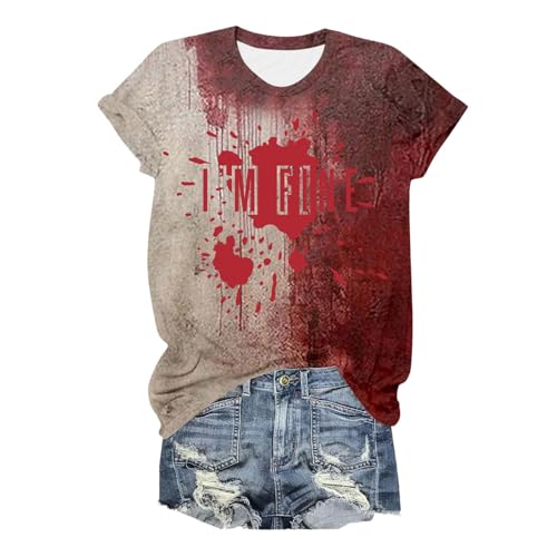 I'm Fine Blood Shirt, T-Shirt Teenager Mädchen, Tee Shirts Entsetzen Blutiges Shirt Rundhals Kurzarm Tops mit Blood Drucken Sommerblusen Bequeme Lounge Halloween Kostüm von Eauptffy