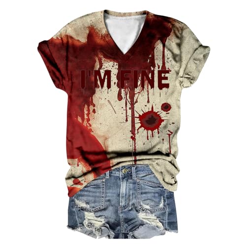 I'm Fine Blood Shirt, Tshirt Damen Sommer, Oberteil Blood Entsetzen Shirt V-Ausschnitt Kurze Ärmel Top mit Blood Drucken Bluse Bequeme Casual Halloween Kostüm von Eauptffy