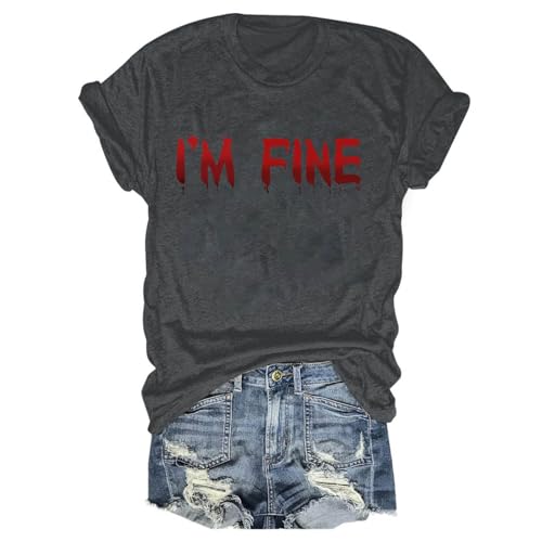 I'm Fine Tshirt Blood, Damen Kurzärmeliges T-Shirt, T-Shirts Horror Blutiges Sommershirt Rund Ausschnitt Kurze Ärmel Tee Top mit Blutigem Print Sommerblusen Kuschelig Lässiger Halloween Kostüm von Eauptffy