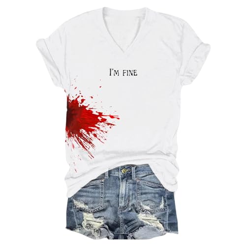 I'm Fine Tshirt Blood, Damen T-Shirt Kurzarm, Oberteile Blood Entsetzen Sommershirt V-Ausschnit Kurzen Ärmeln Tee Top mit Blutigem Print Bluse Leichte Lässiger Festlich Straßenkleidung Halloween von Eauptffy