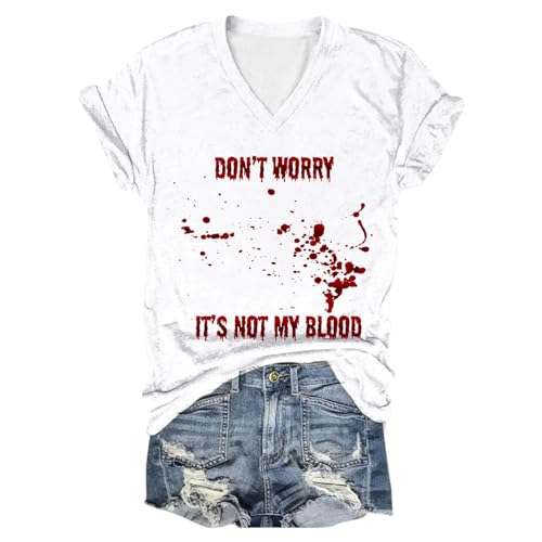 I'm Fine Tshirt Blood, Sommer Oberteile Damen, Tee Shirts Blutiges Entsetzen Shirt V-Ausschnitt Kurzen Ärmeln Tops mit Blutigem Bedrucktes Sommerblusen Lounge Bequeme Halloween-Kostüm von Eauptffy