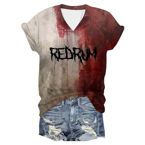 I'm Fine Tshirt Blood, T-Shirt Damen Sommer, Tee Shirt Horror Blutiges Sommershirt V-Ausschnitt Kurzärmeliger Tops mit Blood Drucken Sommerblusen Kuschelig Lässig Blutspritzer Kostüm Halloween von Eauptffy