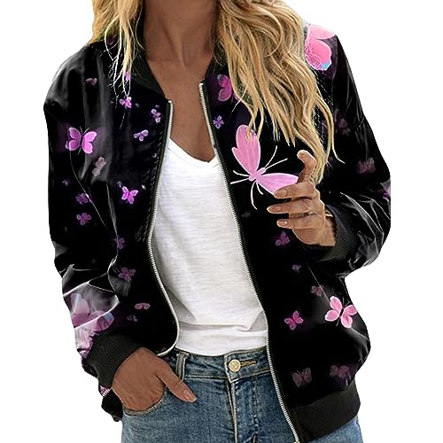 Schwarze Bomberjacke Damen, Blouson Damen Beige, Pilotenjacke Reissverschluss Langarm Fliegerjacke Dünne Bequeme Bomber Jacket Druck Mode Funktionsjacke Schicke Casual Windbreaker Outdoor Mädchen von Eauptffy