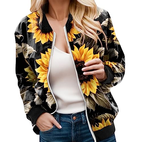 Schwarze Bomberjacke Damen, Sommerjacke Damen, Pilotenjacke Zip Up Lange Ärmel Fliegerjacke Dünne Kuschelig Damenblouson Modische Bedrucktes Frühlingsjacke Elegante Lässig Jacken Outdoor Ladies von Eauptffy